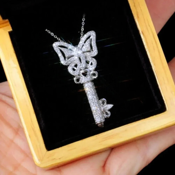 NEW Silver Diamond Butterfly Key Pendant Necklace - Picture 2 of 8